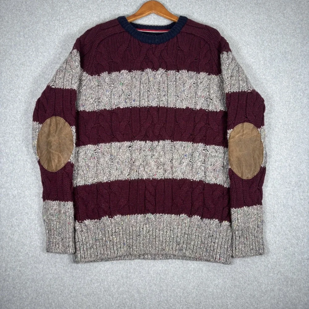 Tommy Hilfiger Sweater Mens XXL Silk Wool Burgundy Grey Striped Knit Elbow Patch